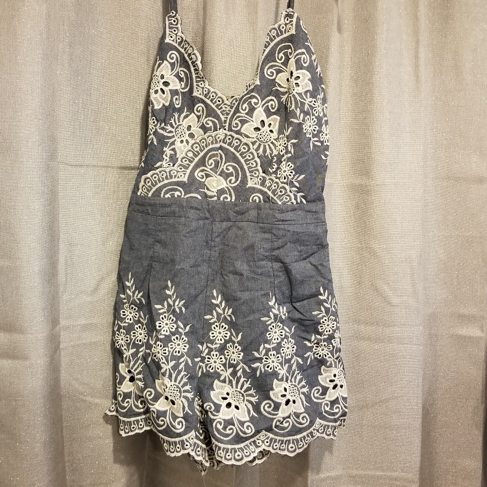 Embroidered Chambray Romper